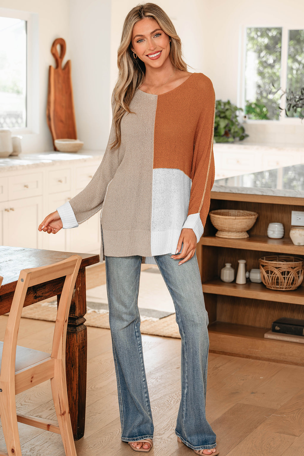 Chestnut Color Block Knit V Neck Loose Sweater
