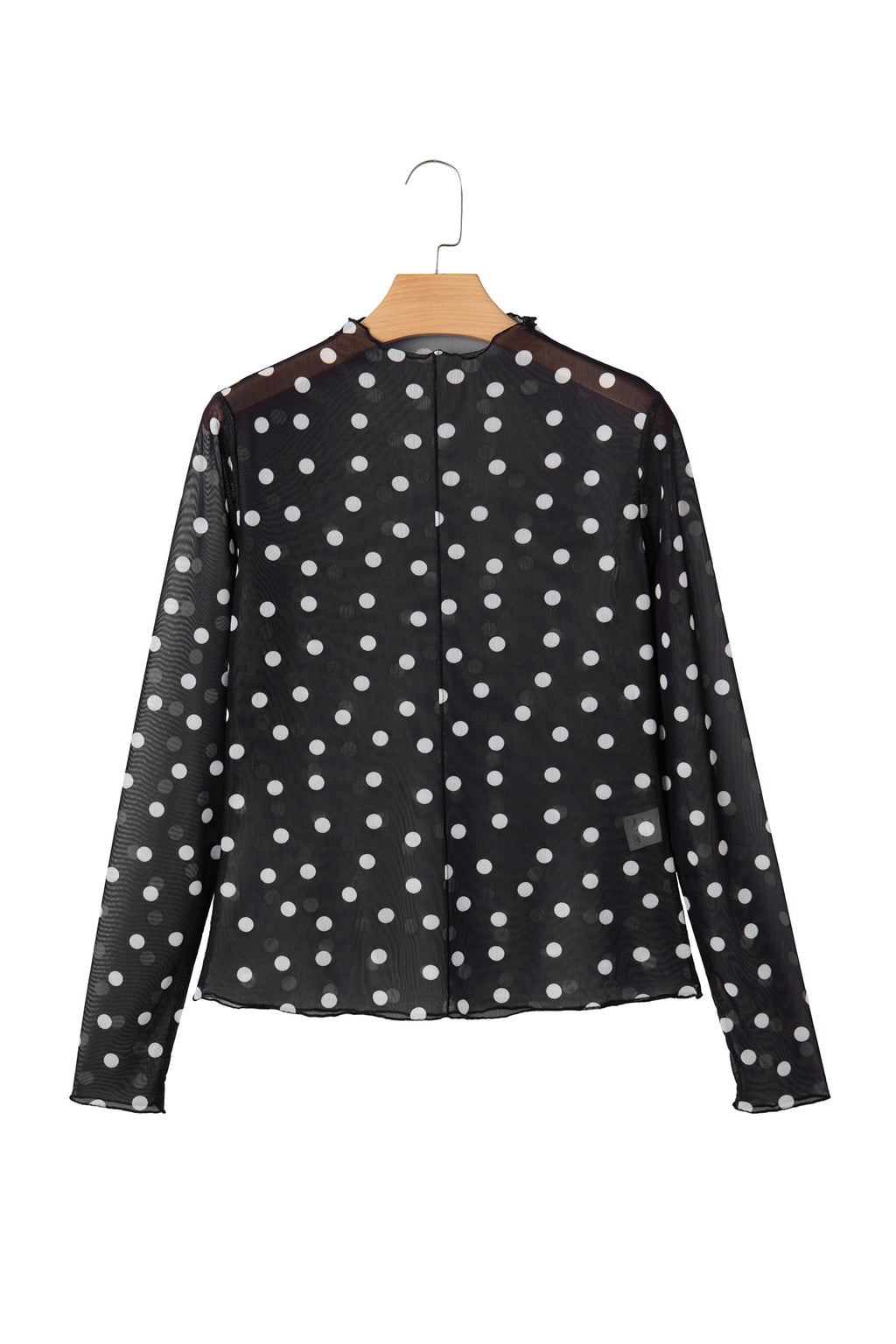 Black Polka Dot Patterned Bodycon Mock Neck Mesh Long Sleeve Top