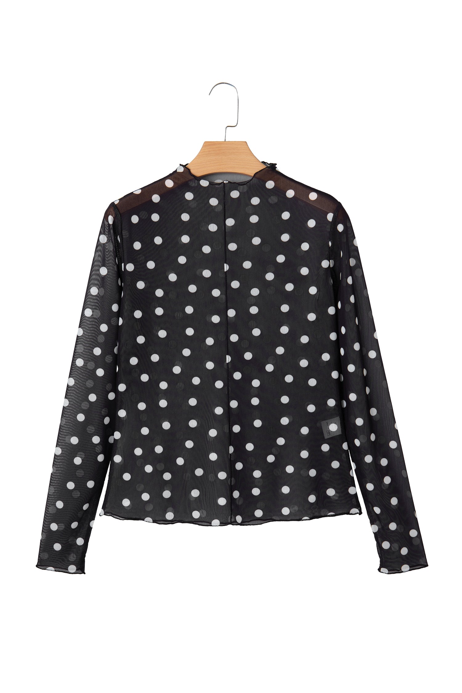 Black Polka Dot Patterned Bodycon Mock Neck Mesh Long Sleeve Top