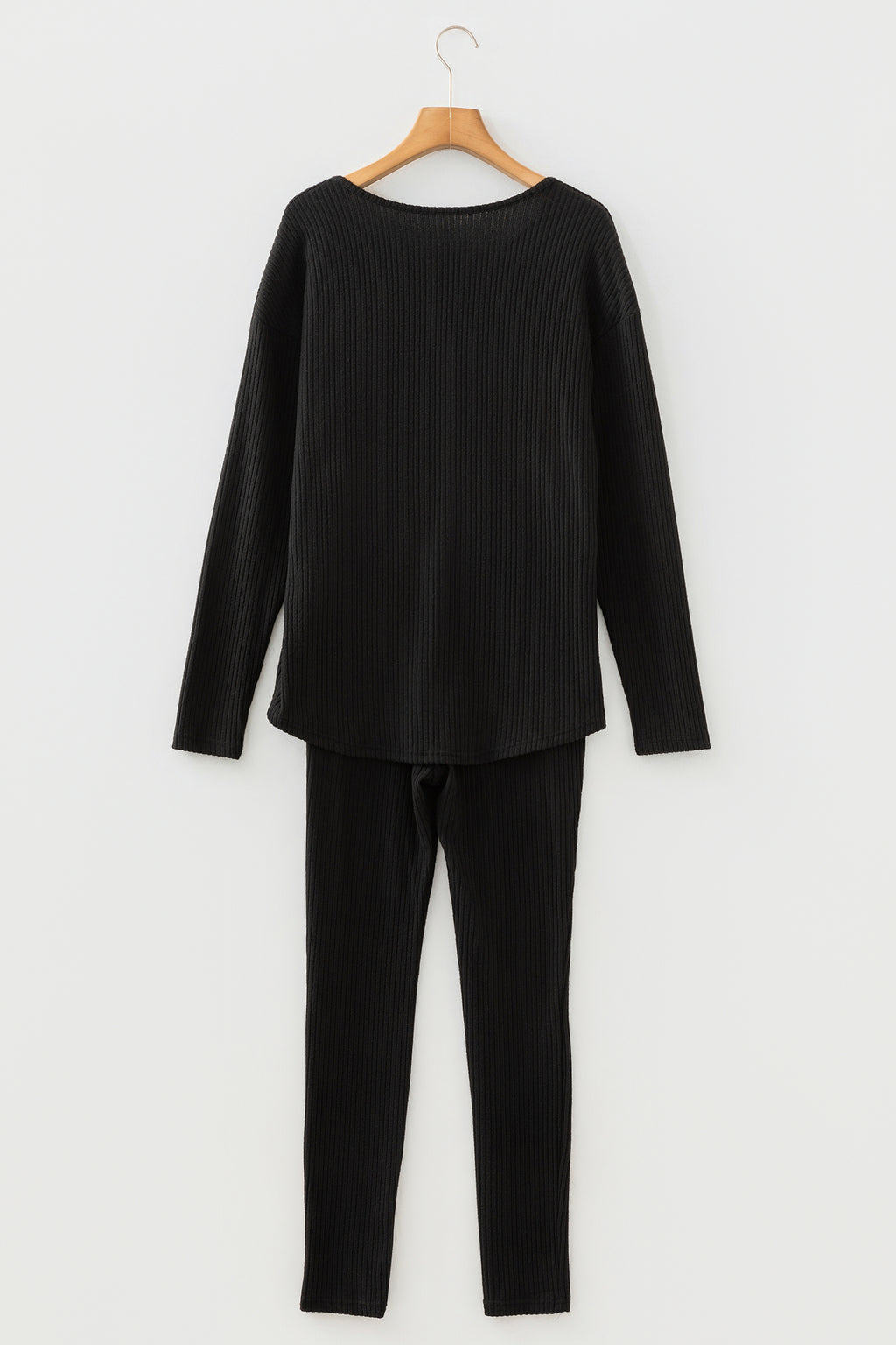 Black Ribbed Notched Neck Knit Long Sleeve Leggings Two Pieces Lounge Set