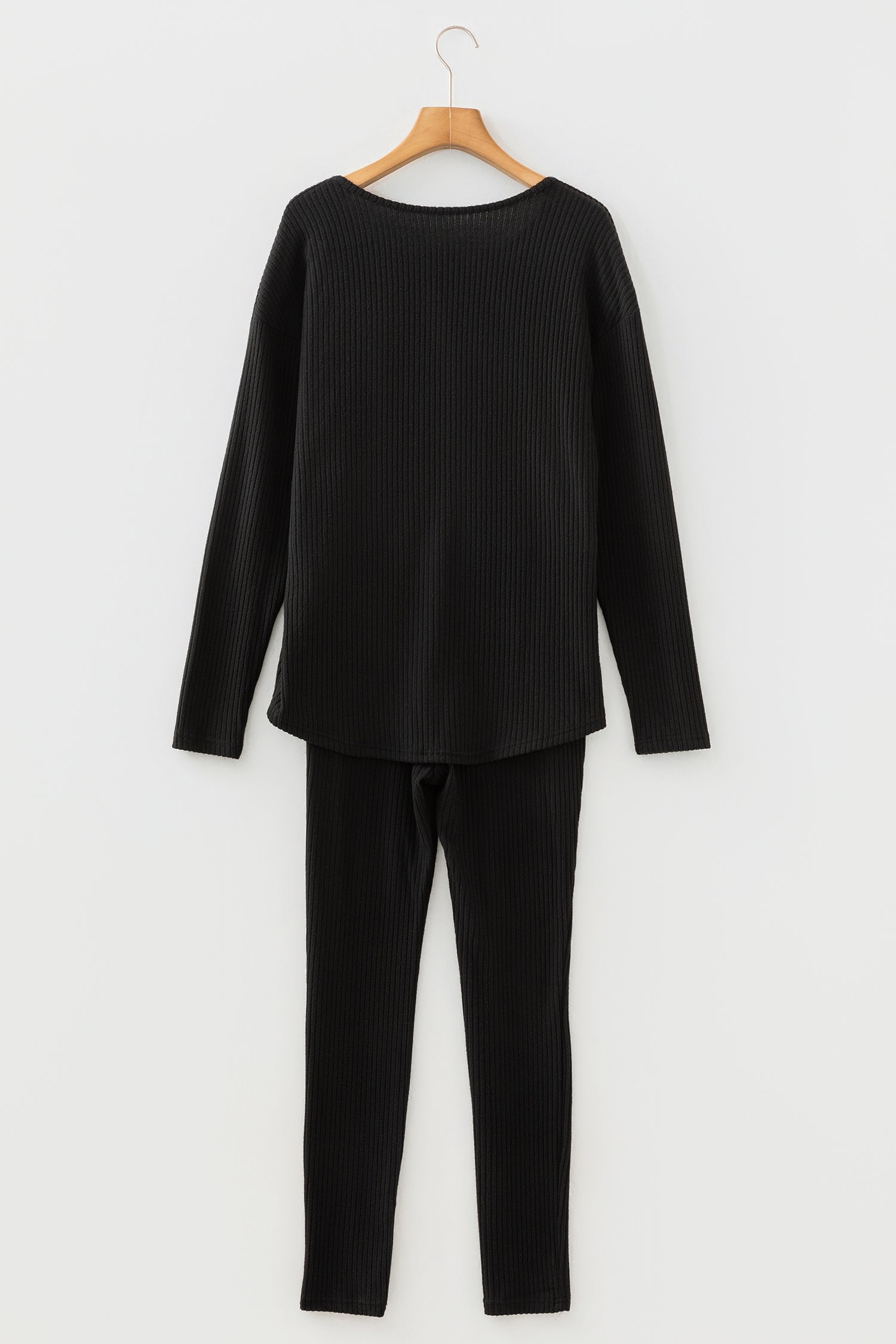 Black Ribbed Notched Neck Knit Long Sleeve Leggings Two Pieces Lounge Set