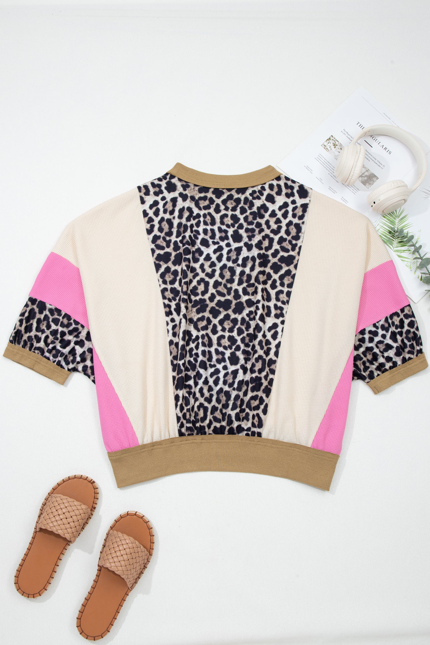 Brown Leopard Print Color Block Patchwork 3/4 Sleeve Loose Top