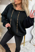 Black Leopard Contrast Drawstring Hood Drop Shoulder Loose Top