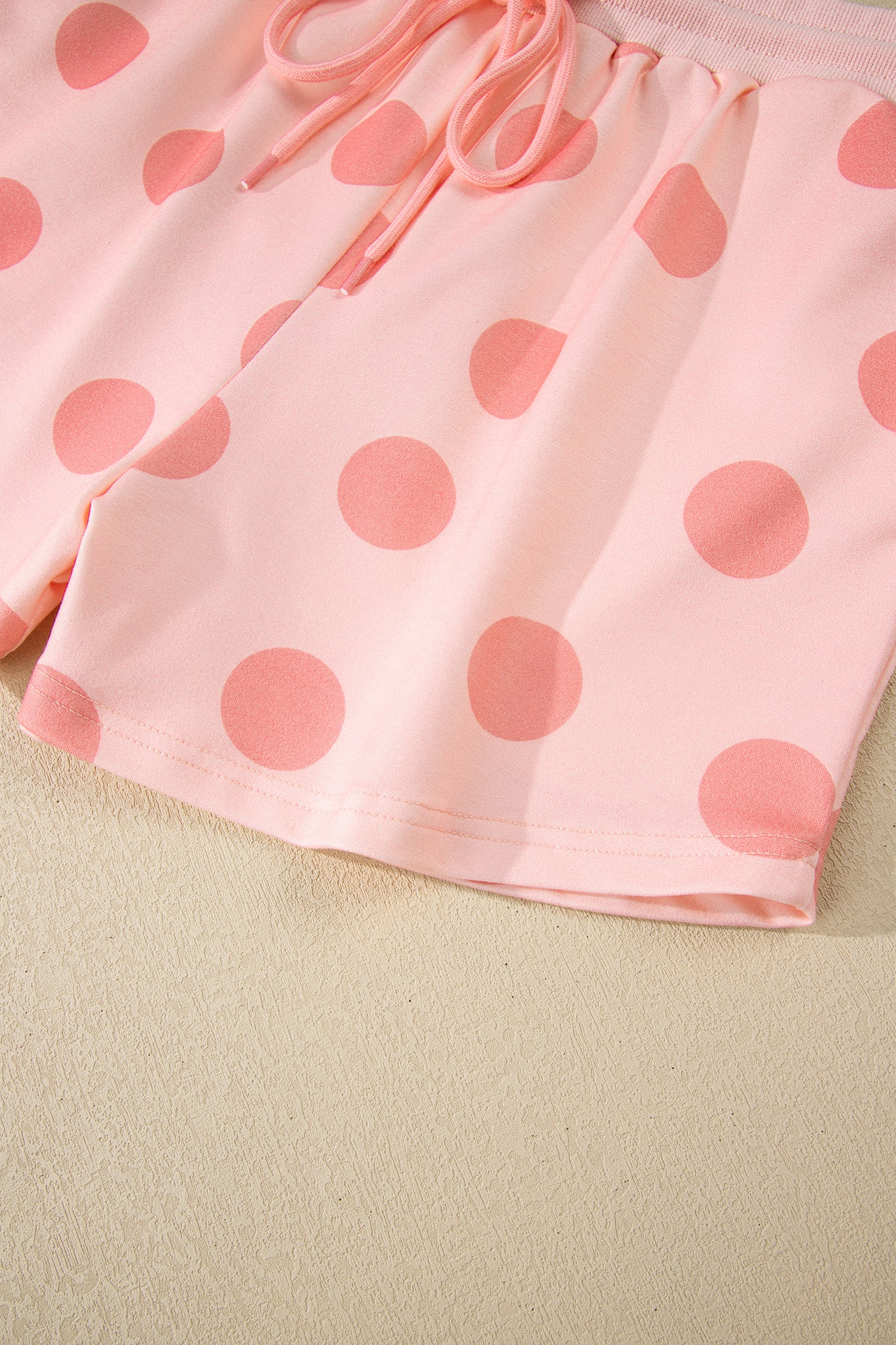 Pink Polka Dot Print Drop Shoulder Pullover Drawstring Shorts Set