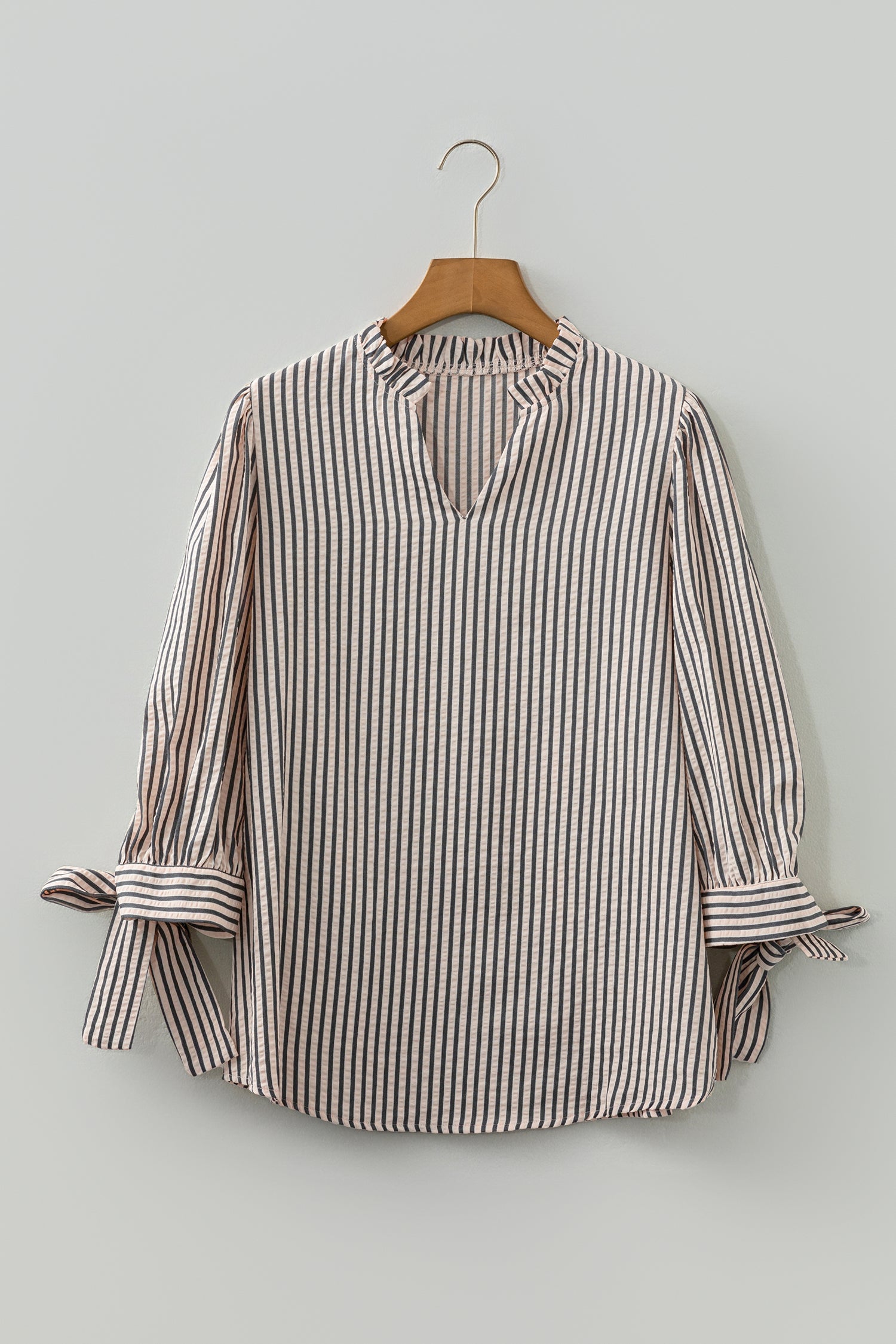 Black Stripe Knotted Cuff Long Sleeve V Neck Blouse
