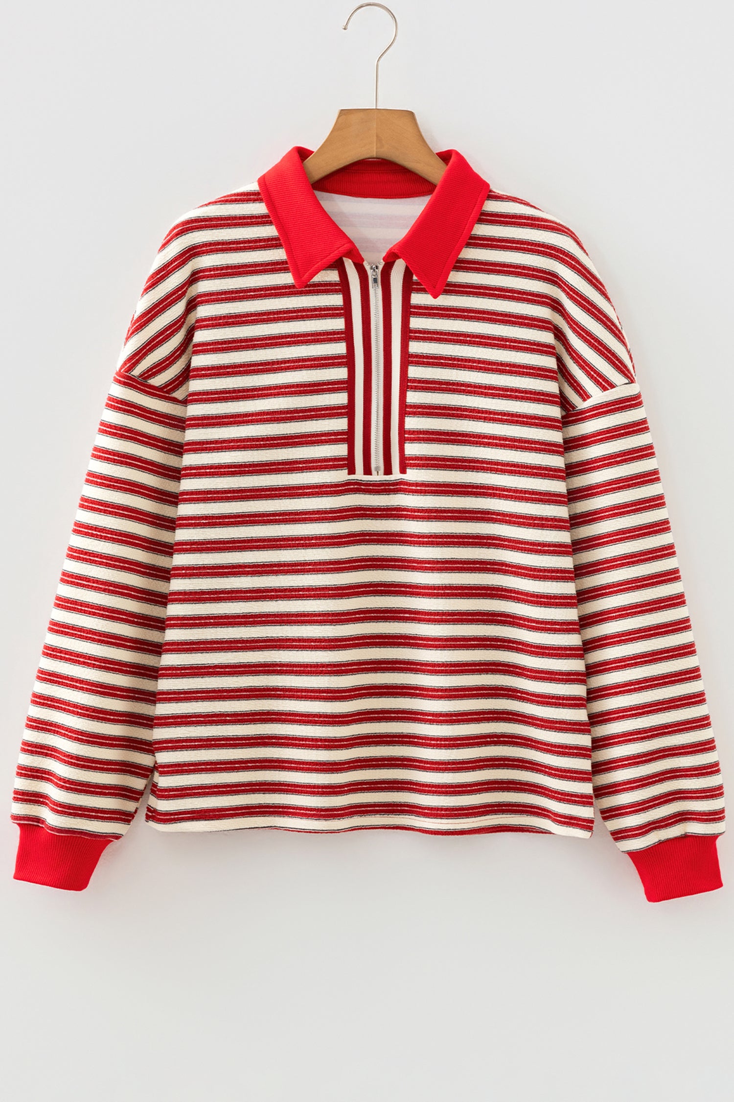 Racing Red Striped Print Contrast Collar Zip V Neck Long Sleeve Top