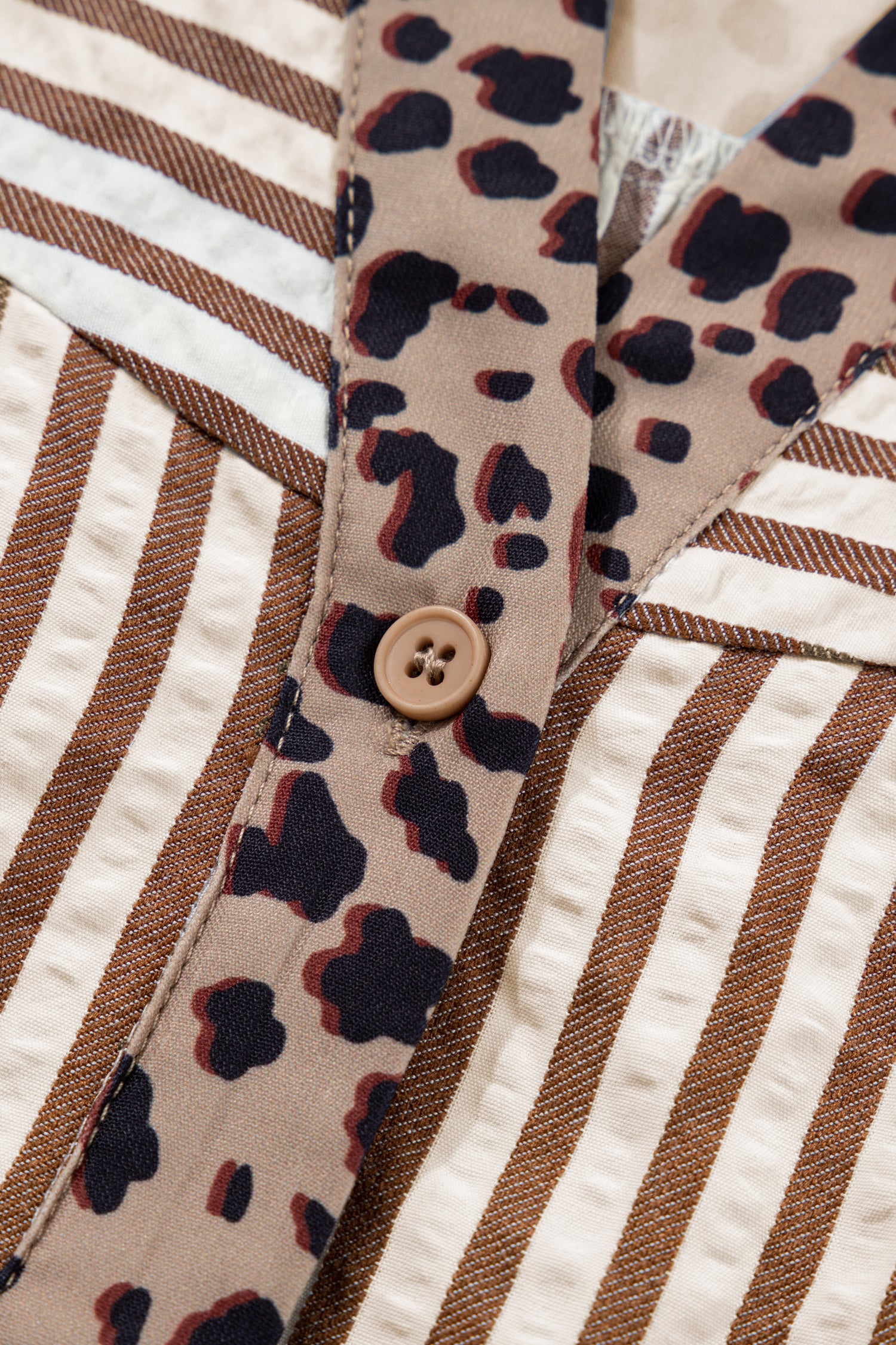 Brown Stripe Leopard Trim V Neck Button Down Half Sleeve Shirt