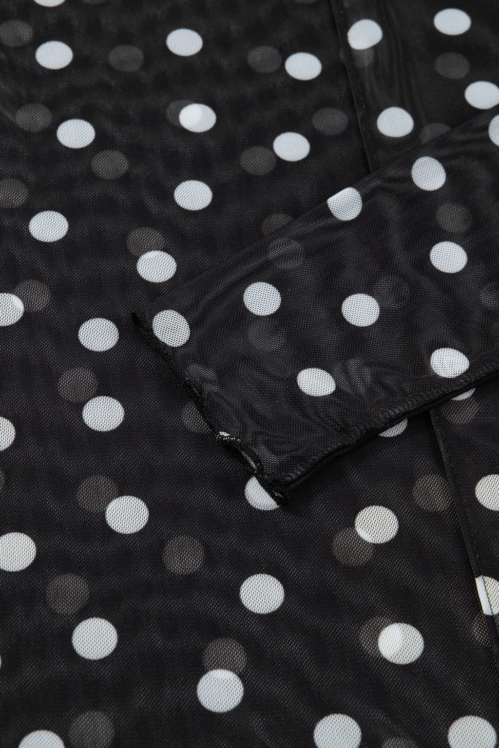 Black Polka Dot Patterned Bodycon Mock Neck Mesh Long Sleeve Top