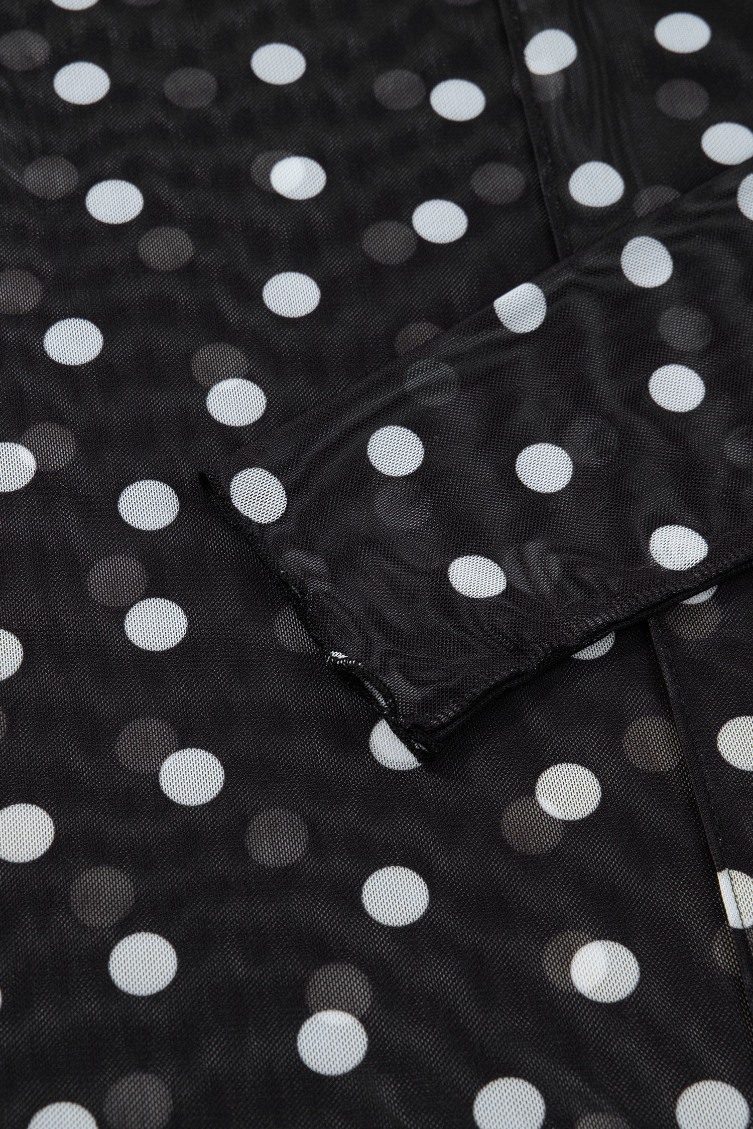Black Polka Dot Patterned Bodycon Mock Neck Mesh Long Sleeve Top