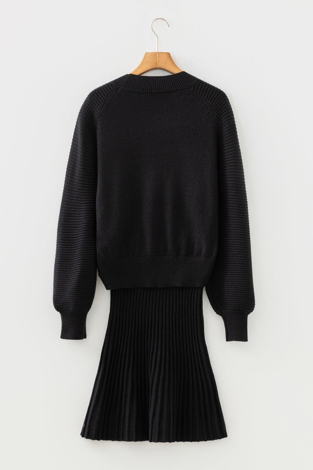 Black High Neck Puff Sleeve Sweater Pleated Mini Skirt 2pcs Knitted Outfit