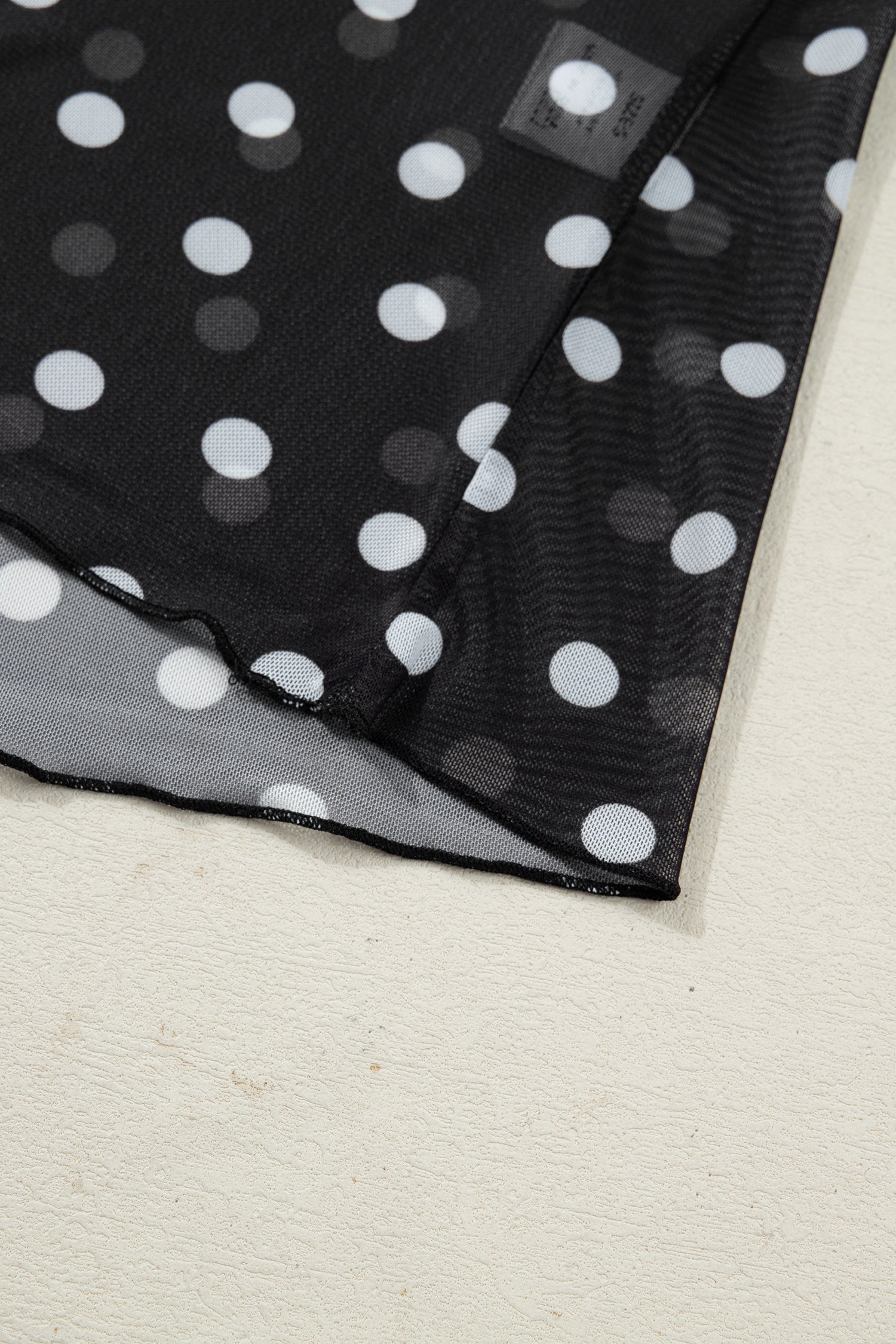 Black Polka Dot Patterned Bodycon Mock Neck Mesh Long Sleeve Top