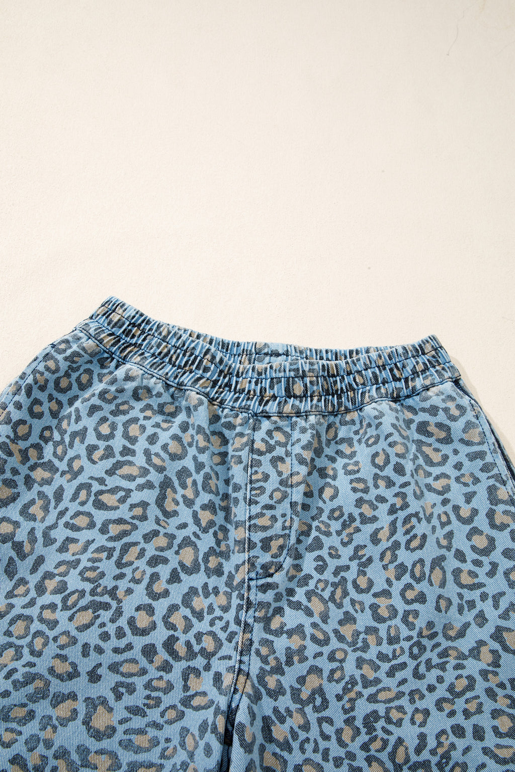 Blue Leopard Print Exposed Seam Detail Wide Leg Drawstring Jeans