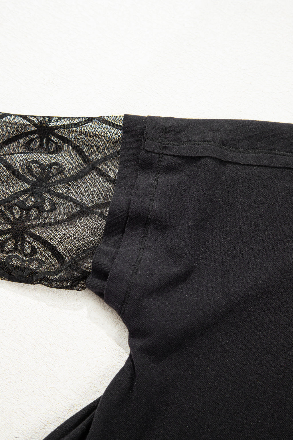 Black Solid Color Bow Textured Patchwork Long Sleeve Tee