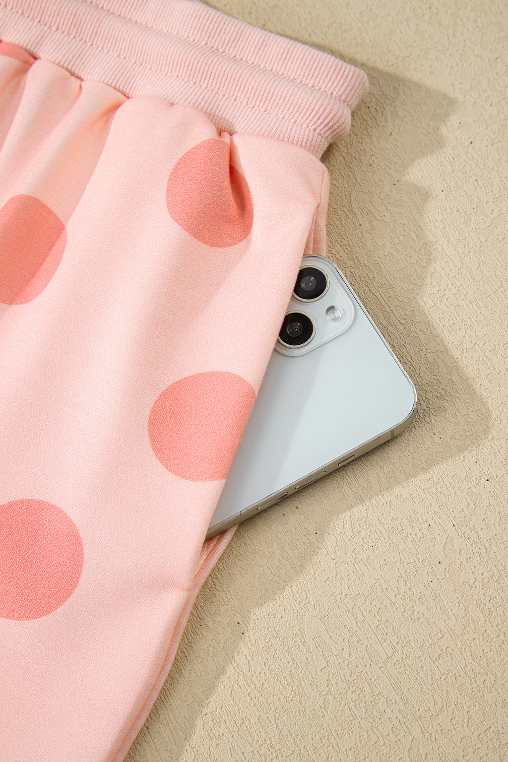 Pink Polka Dot Print Drop Shoulder Pullover Drawstring Shorts Set