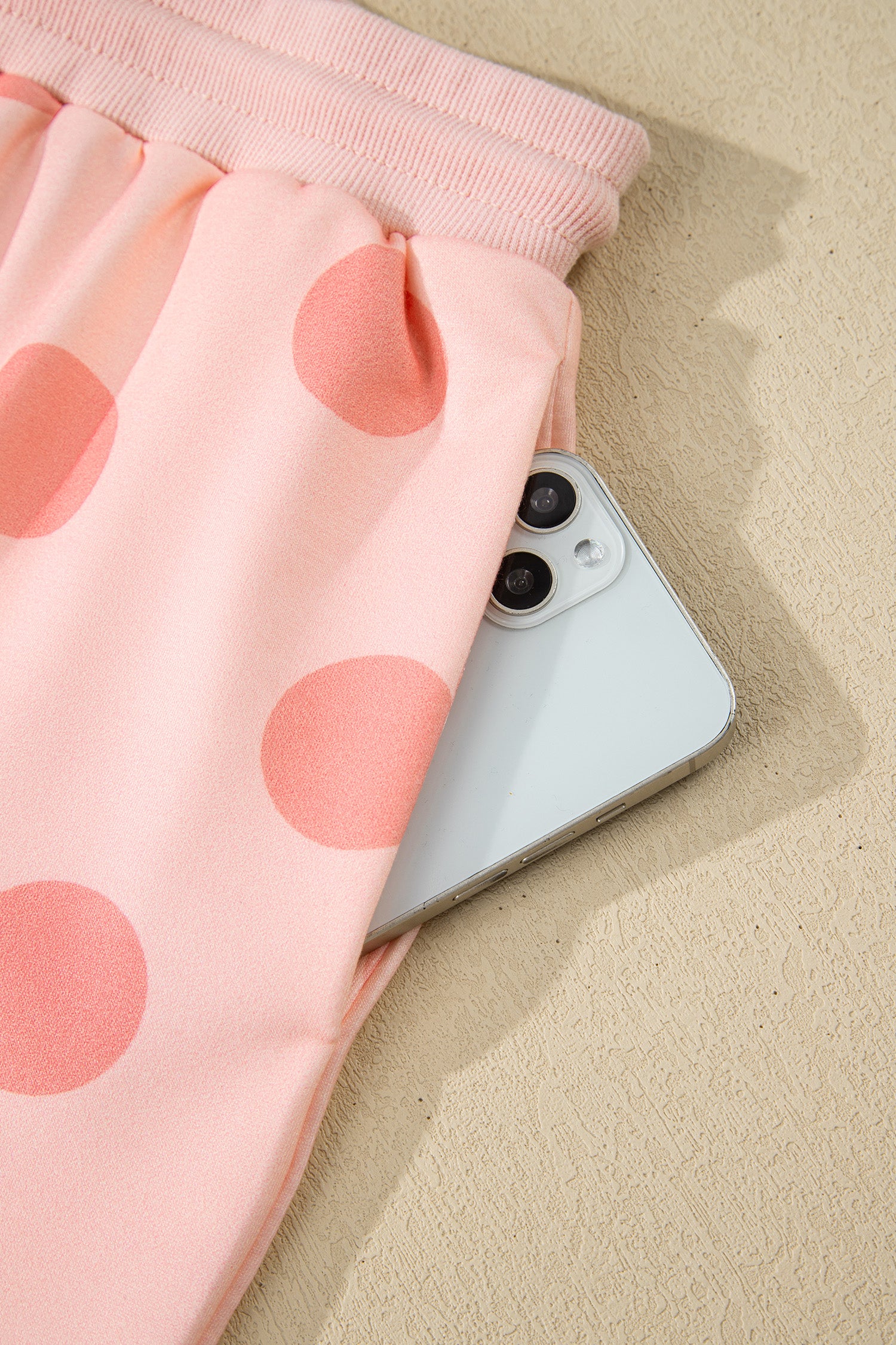 Pink Polka Dot Print Drop Shoulder Pullover Drawstring Shorts Set