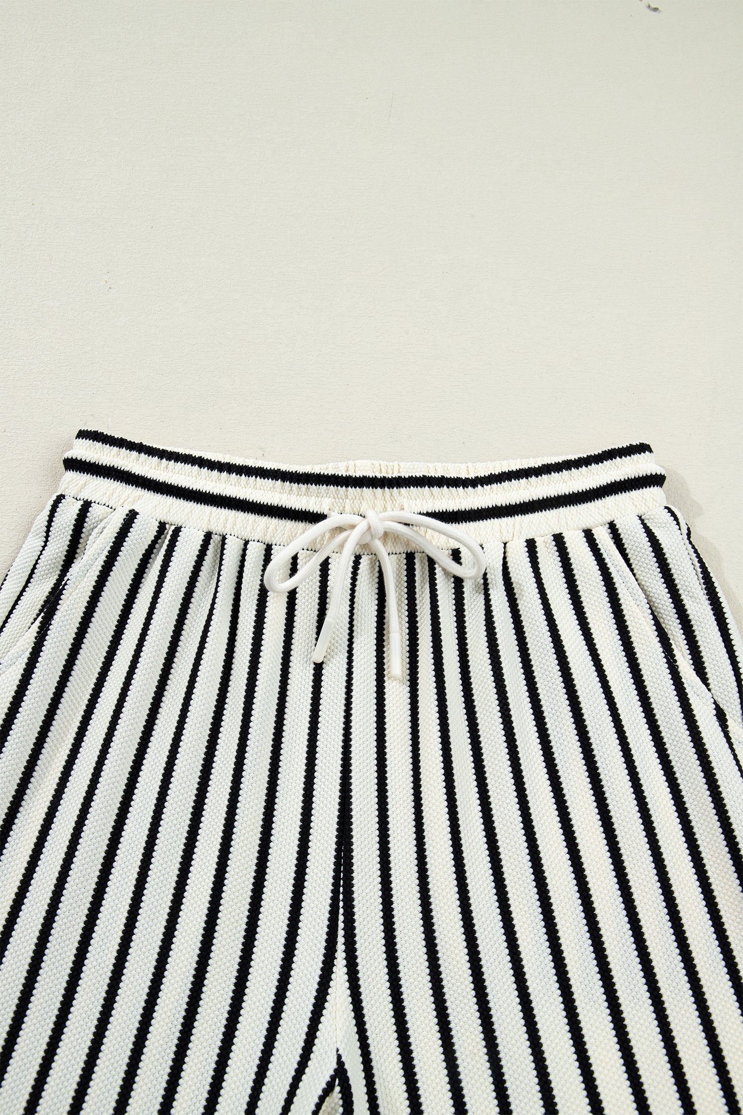 White Stripe Ruffle Trim Drop Shoulder Top Drawstring Loose Pant Set