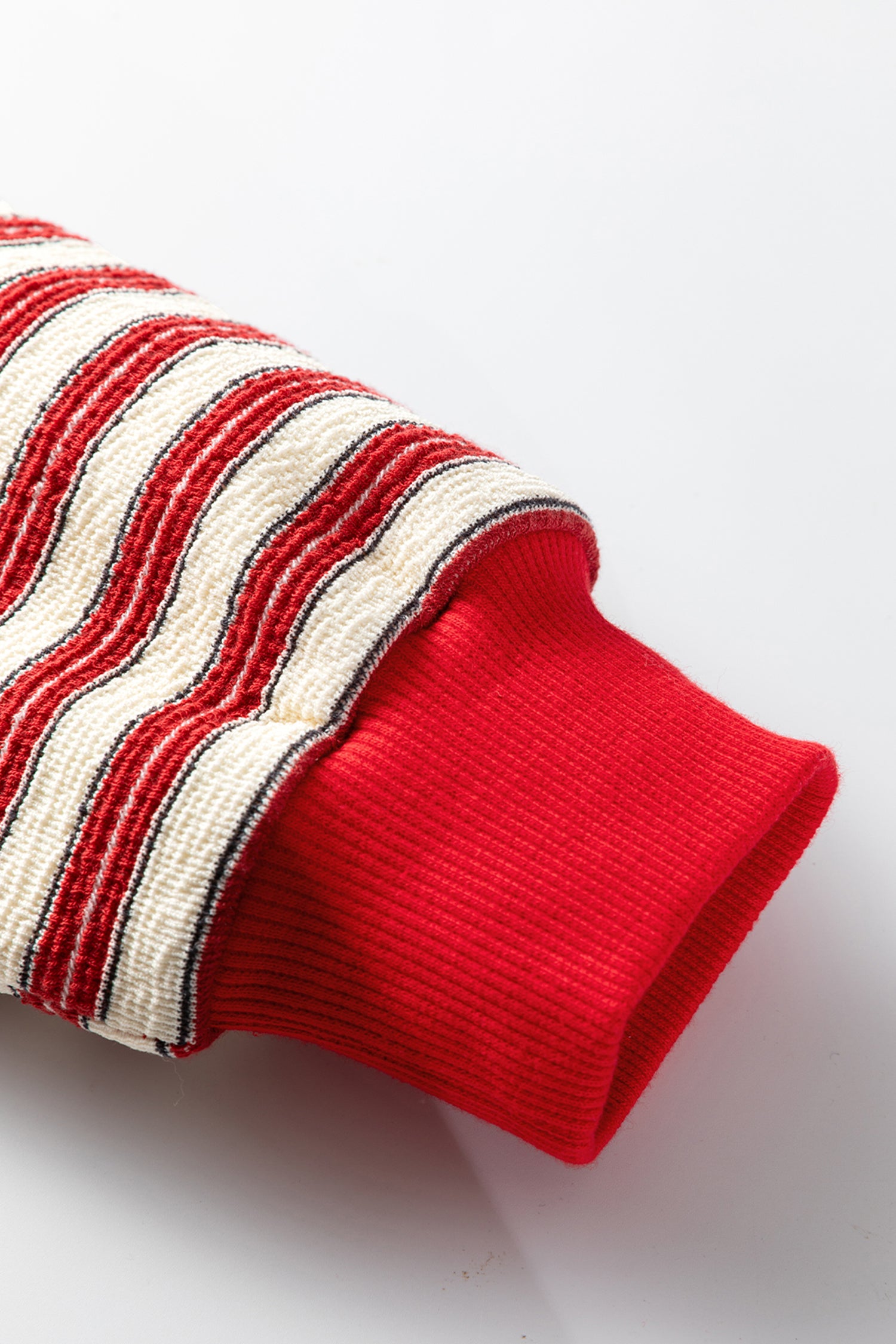 Racing Red Striped Print Contrast Collar Zip V Neck Long Sleeve Top