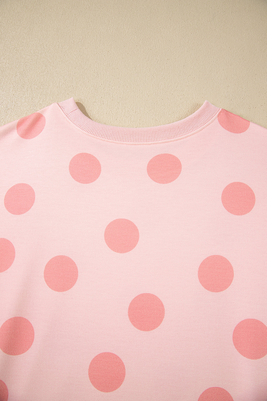 Pink Polka Dot Print Drop Shoulder Pullover Drawstring Shorts Set