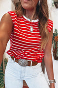 Red Stripe Ribbed Round Neck Trim Loose Tank Top