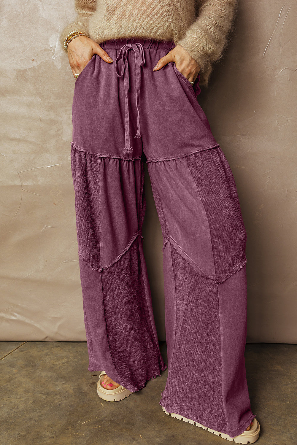 Wild Ginger Careys Mineral Wash Tiered Wide Leg Patchwork Drawstring Pants
