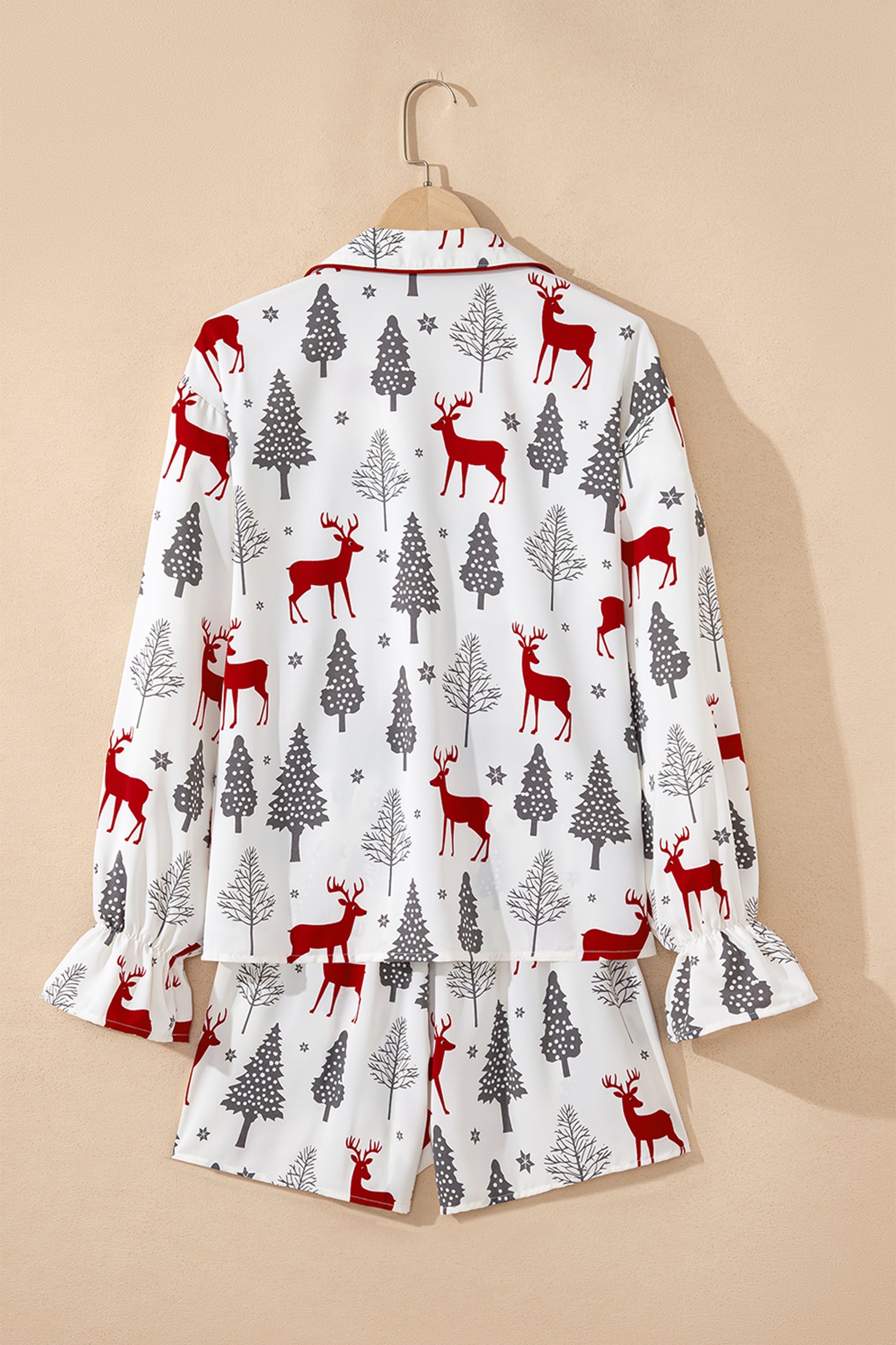 White Christmas Fashion Print Velvet Trim Bow Knot Pajama 2pcs Short Set