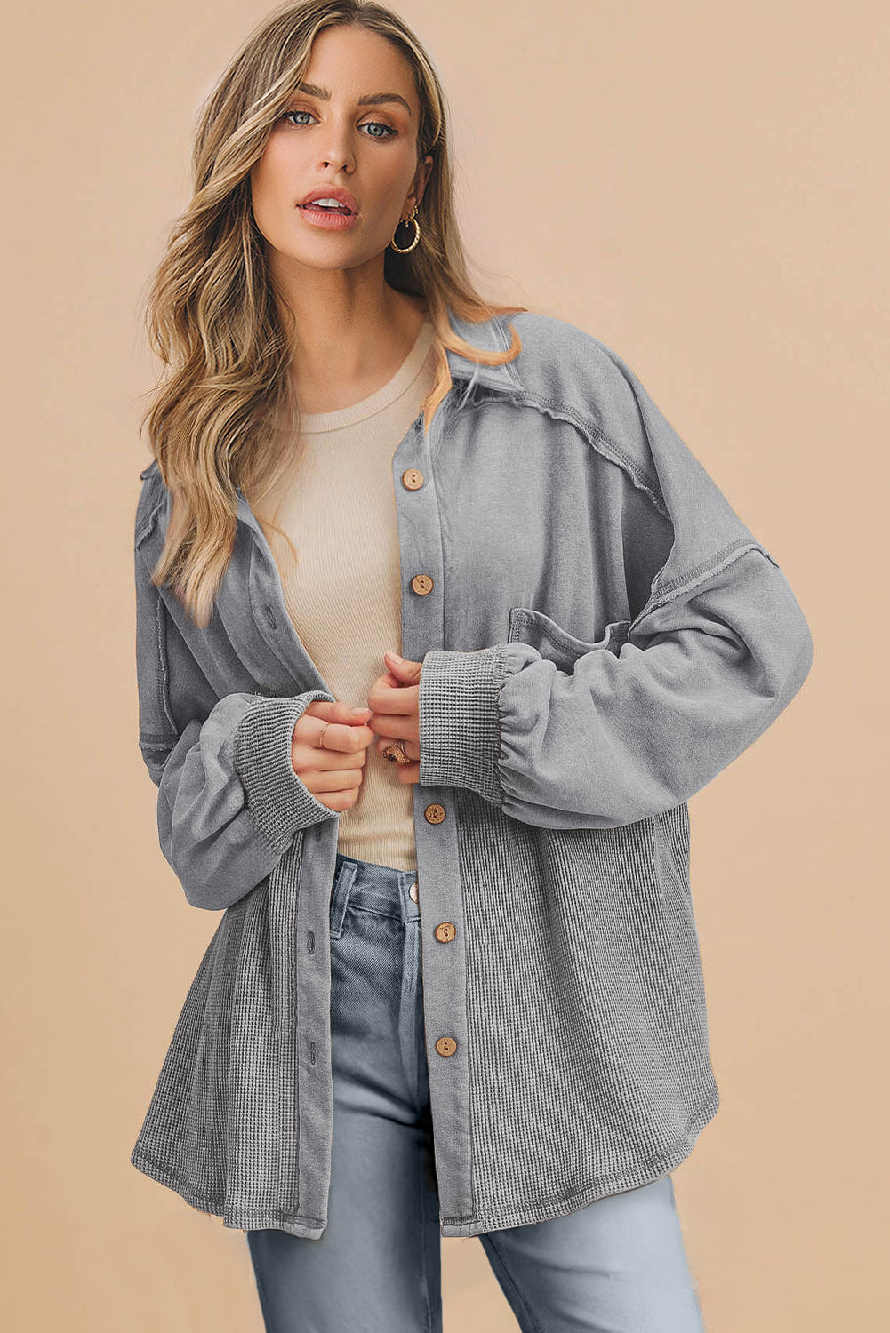 Medium Grey Waffle Knit Patchwork Exposed Seam Loose Shacket