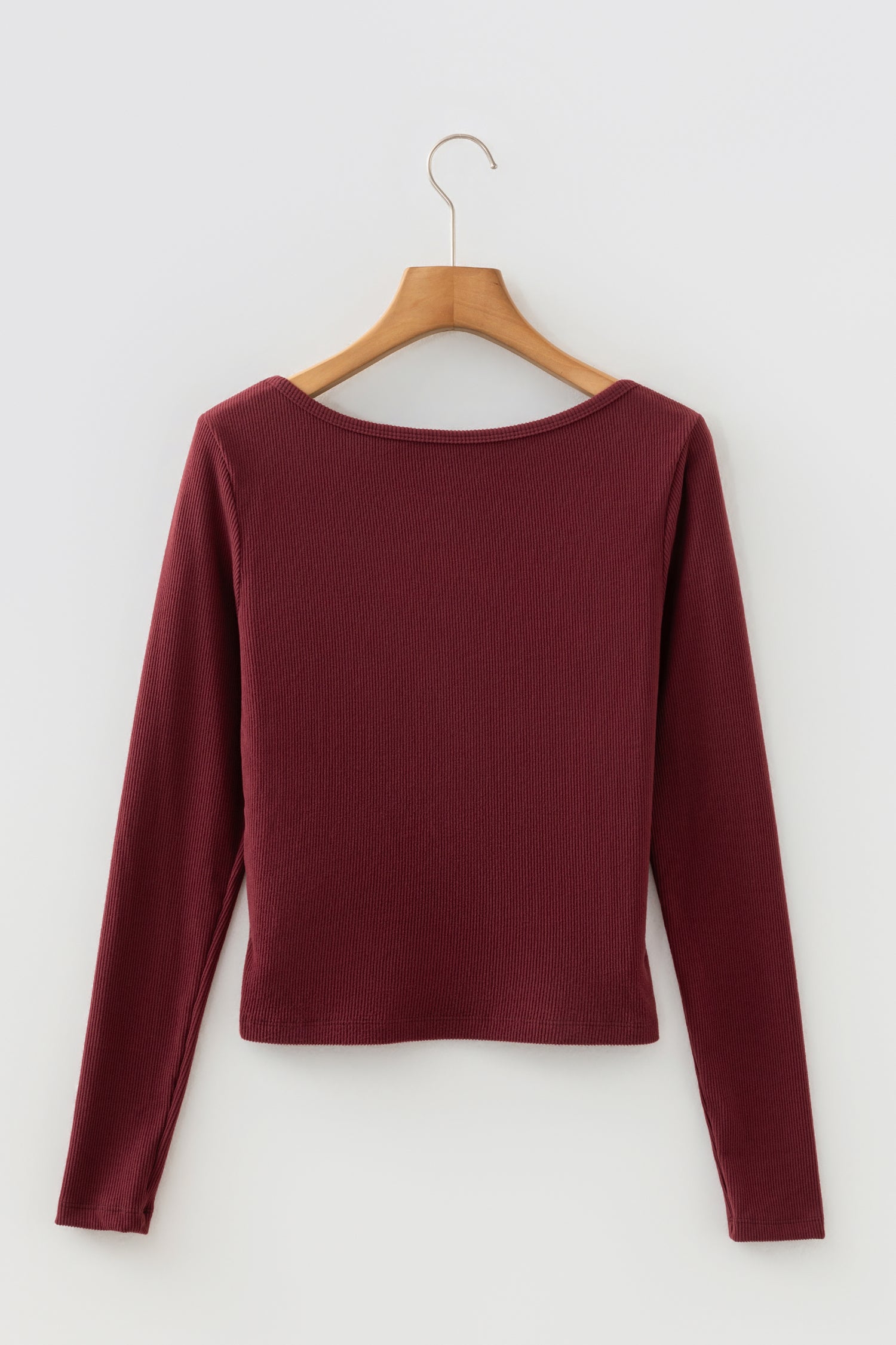 Coffee Ribbed Solid Color U Neck Cropped Long Sleeve Top