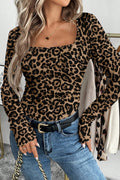 Brown Leopard Print Slim Long Sleeve T Shirt