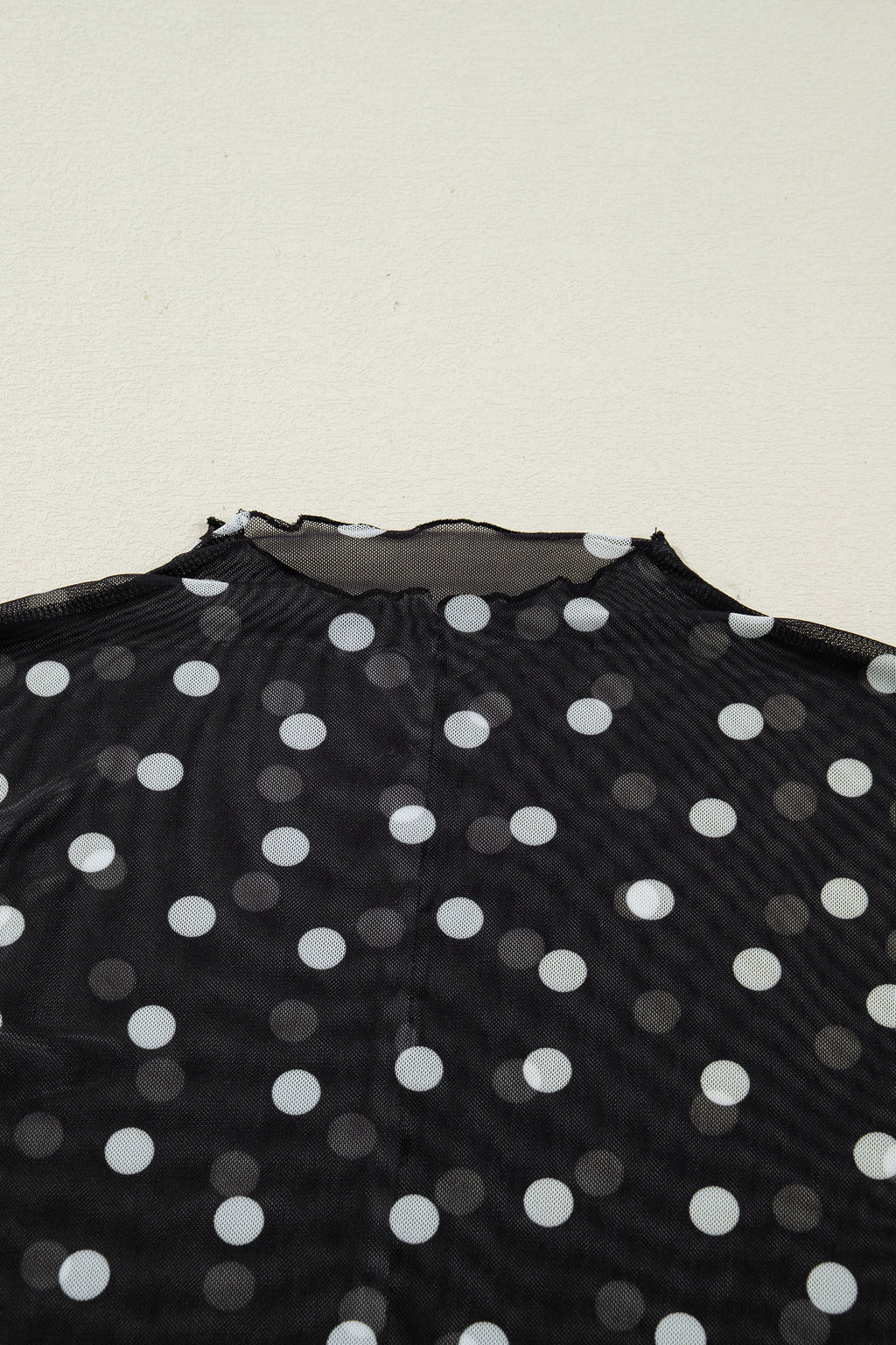 Black Polka Dot Patterned Bodycon Mock Neck Mesh Long Sleeve Top