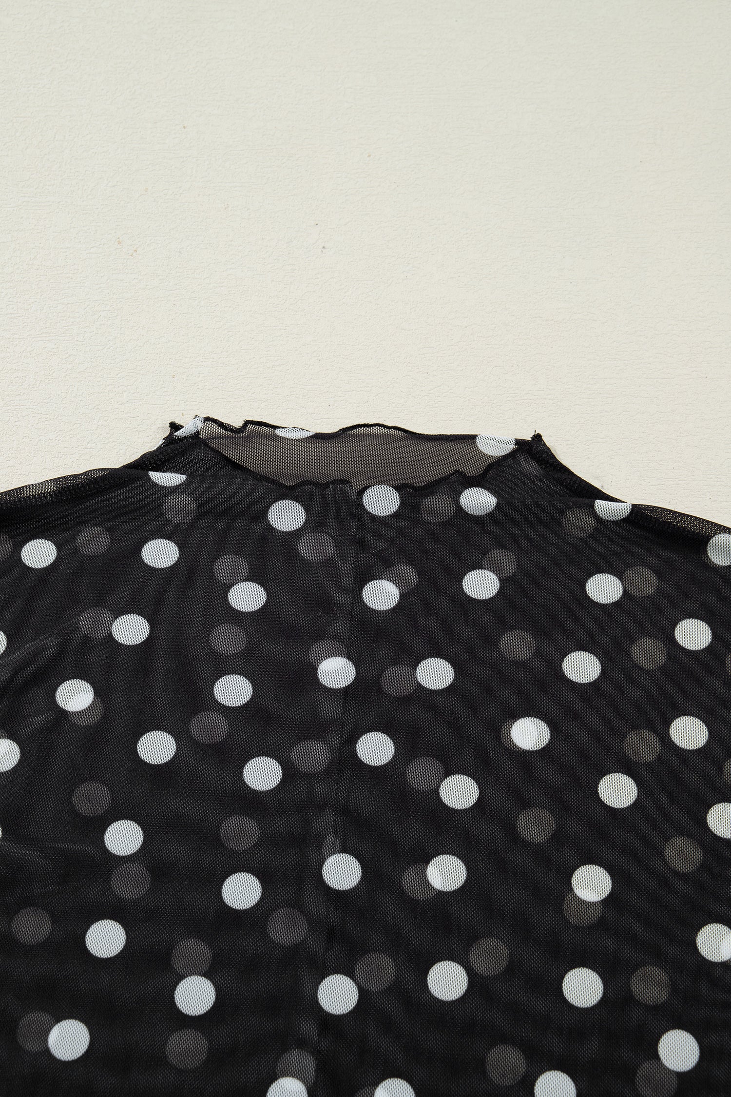 Black Polka Dot Patterned Bodycon Mock Neck Mesh Long Sleeve Top